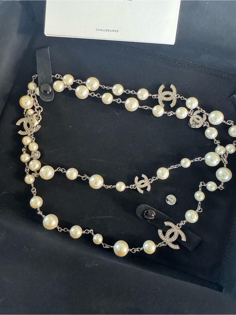 CHANEL Iconic Ivory Pearl CC Logo Long Chain Necklace